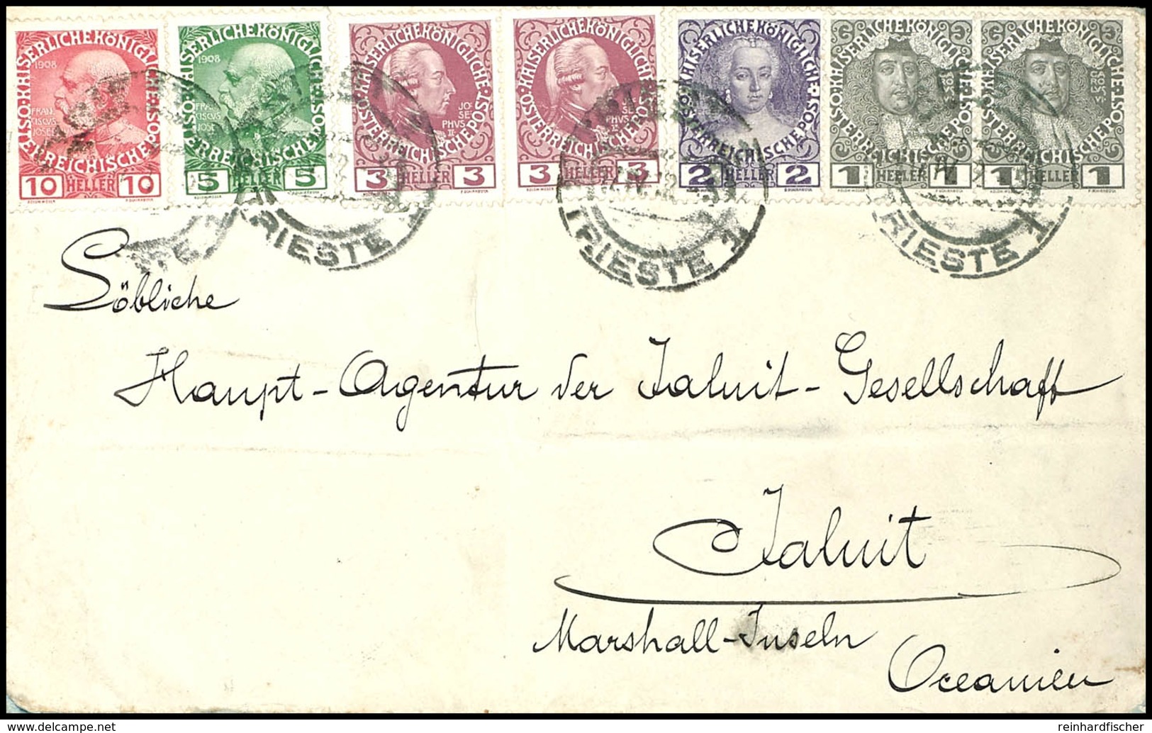1912, Brief Aus Triest/Österreich Via Adelaide (Transitstempel) Nach Jaluit, Kleine Mängel, U.a. Umschlag 2 Mal Gefaltet - Marshall-Inseln