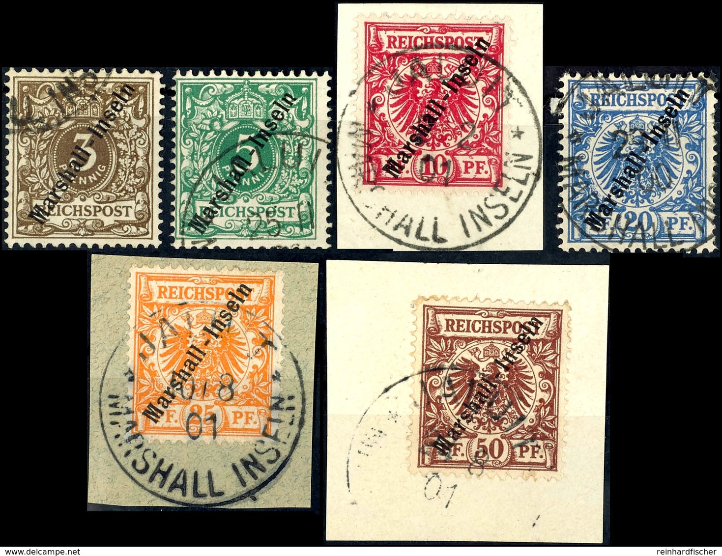 3, 5, 20 Pfennig Gestempelt, 10, 25, 50 Pfennig Briefstücke, Pracht, Michel 170,-, Katalog: 7/12 O/BS - Marshall-Inseln