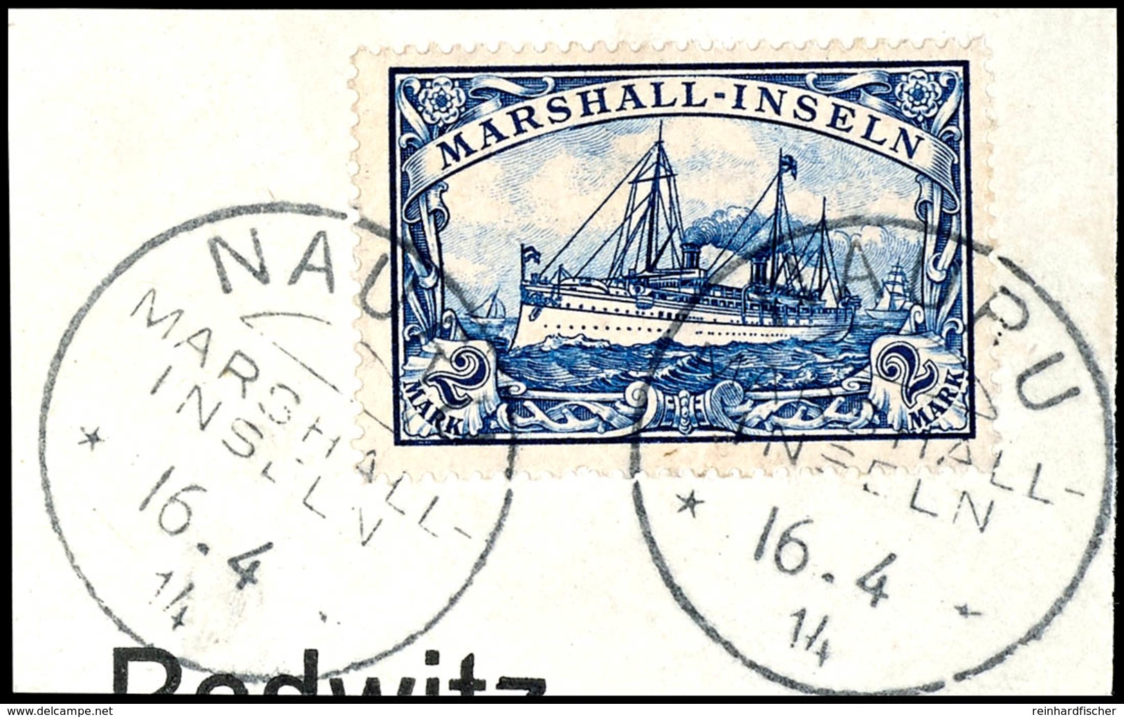 50, 80 Pfg., 1 Und 2 Mk. Schiffszeichnung, 4 Briefstücke Gest. JALUIT, 2 Mk. Gest NAURU 16.4.14, Mi. 310,-, Katalog: 20/ - Marshall-Inseln