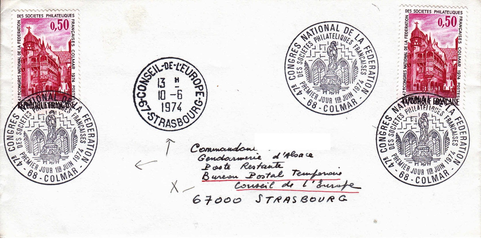 FRANCE - 1974 - Conseil De L'Europe - Lettre De Colmar Pour Strasbourg En Poste Restante - FDC - Lettres & Documents