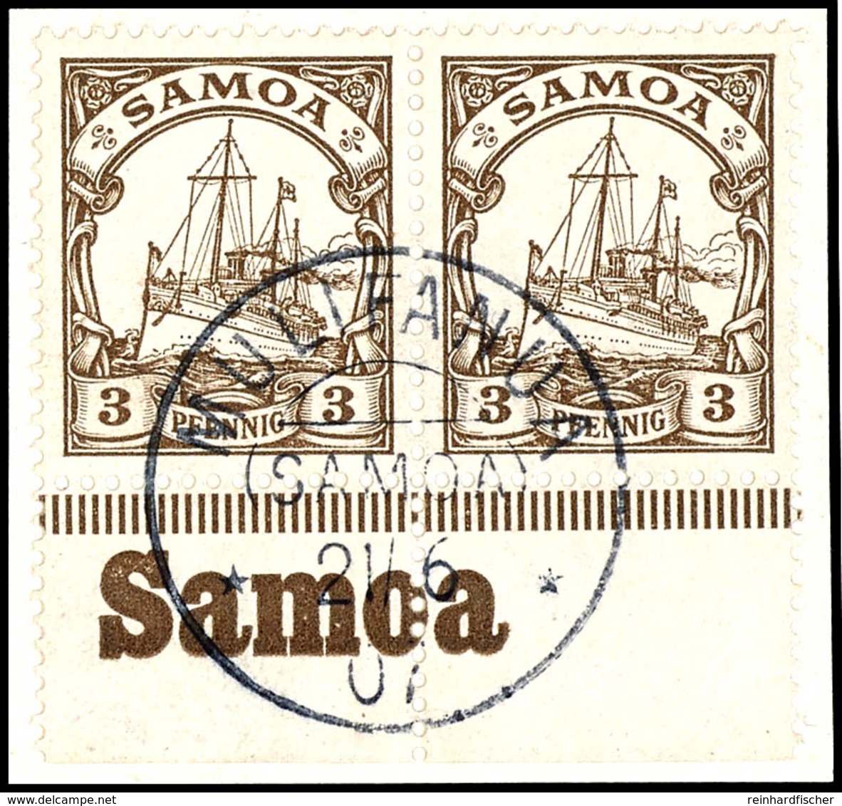 MULIFANUA 21/6 07 Klar Auf Briefstück Unterrandpaar 3 Pfg. Schiffszeichnung Mit Kpl. Landesnamen, Katalog: 7(2) BS - Samoa