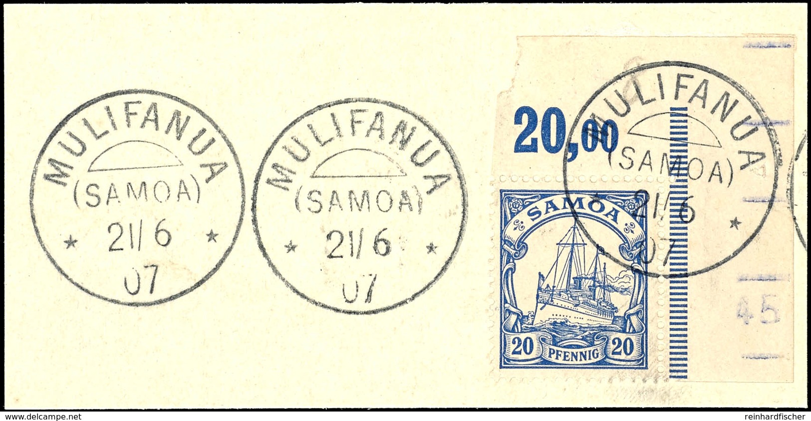 MULIFANUA 21/6 07 Klar Auf Briefstück  Bogenecke 20 Pfg. Schiffszeichnung, Katalog: 10 BS - Samoa