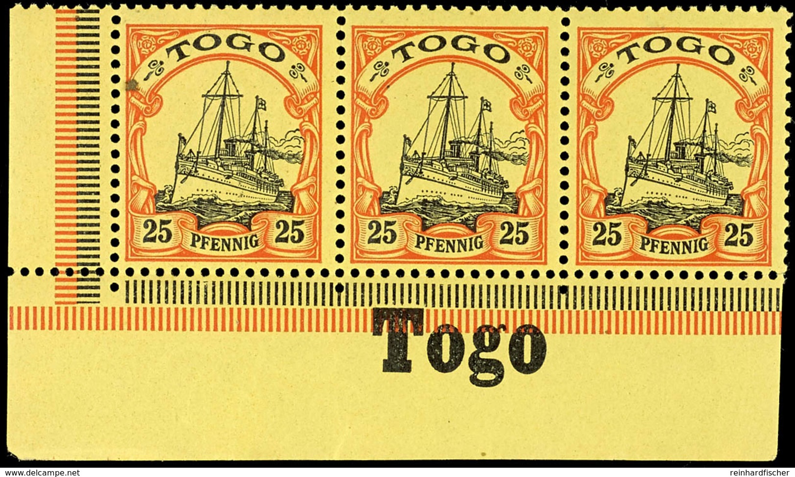 25 Pfg. Kaiseryacht, Waagerechter 3 Er - Streifen Aus Der Linken Unteren Bogenecke, Im Unterrand Inschrift " TOGO", Post - Togo