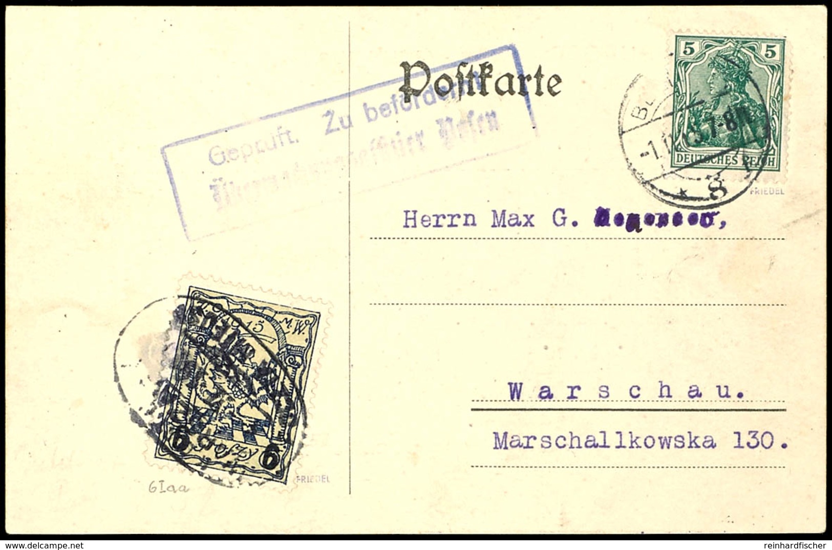 6 Gr. Auf 5 Gr. Stadtpostmarke, Type I, Zusammen Mit 5 Pfg Germania Auf Karte Von "BERLIN W8 1.11.15" Nach Warschau, Tad - Sonstige & Ohne Zuordnung