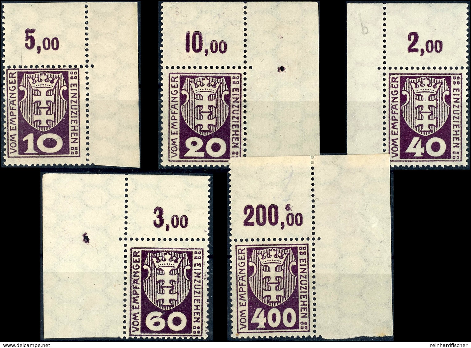 10 Pfennig Bis 4 Mark Kleines Wappen, Lot Von 5 Marken Je Aus Der Oberen Bogenecke, Alles "b" Farben, Nr.1-4 Und Nr.11,  - Sonstige & Ohne Zuordnung