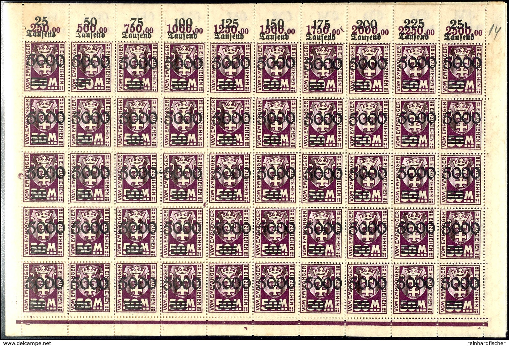 5000 Auf 50 Mark Bis 1000000 Auf 20 Mark, Satz Komplett Im Postfrischen Originalbogen, Inklusive Plattenfehlern Nr.27 II - Sonstige & Ohne Zuordnung