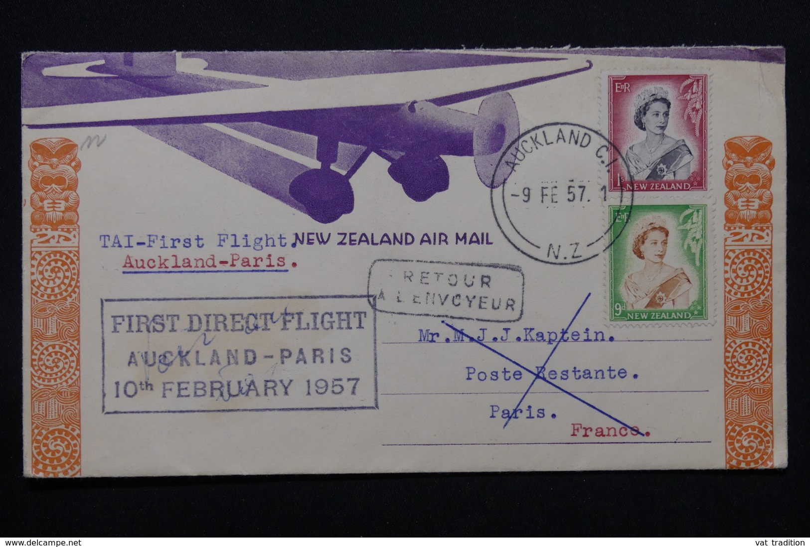 NOUVELLE ZÉLANDE - Enveloppe 1 Er Vol Auckland / Paris En 1957 , Affranchissement Plaisant - L 27935 - Covers & Documents