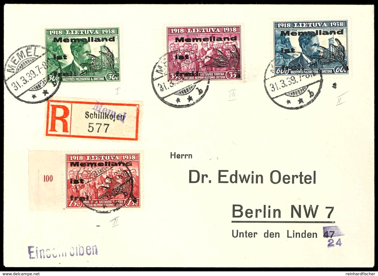 15 - 60 C. Lokalausgabe, 4 Werte Komplett, Dabei 35 C. In Type III, Auf Satz-R-Brief Von "MEMEL 31.3.39" Von Berlin Mit  - Memelgebiet 1923