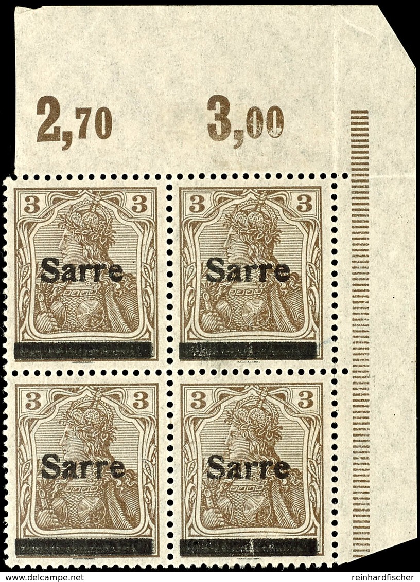 3 Pfg Germania Mit Aufdruck "Sarre" In Type II, Viererblock Vom Eckrand Oben Rechts (Feld 9/10 Und 19/20), Bogenränder V - Sonstige & Ohne Zuordnung