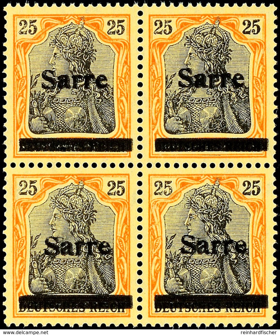 25 Pf Germania Sarre Viererblock In B-Farbe Mit Aufdruck Type III Tadellos Postfrisch, Gepr. Burger BPP Und Fotobefund B - Sonstige & Ohne Zuordnung