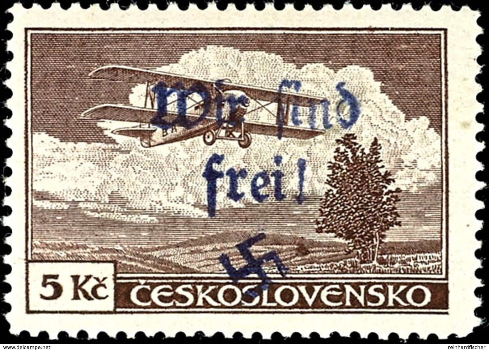 5 Kc. Flugpostmarke Mit Handstempel-Aufdruck "Wir Sind Frei! + Hakenkreuz", Ungebraucht Mit Originalgummierung Und Ganz  - Sonstige & Ohne Zuordnung