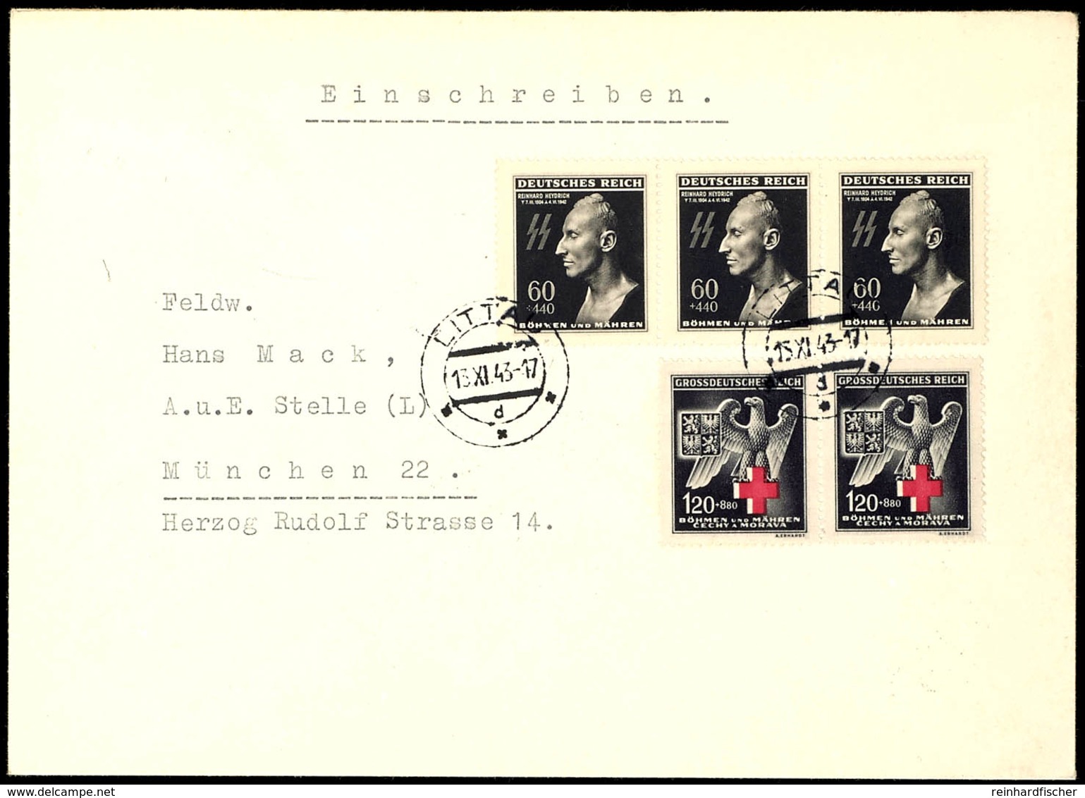60 H. Heydrich Mit Zusatzfrankatur Als R-Brief Aus LITTAU 13.VI.43 Nach München, Pracht, Katalog: 131(3) U.a. MiF - Böhmen Und Mähren