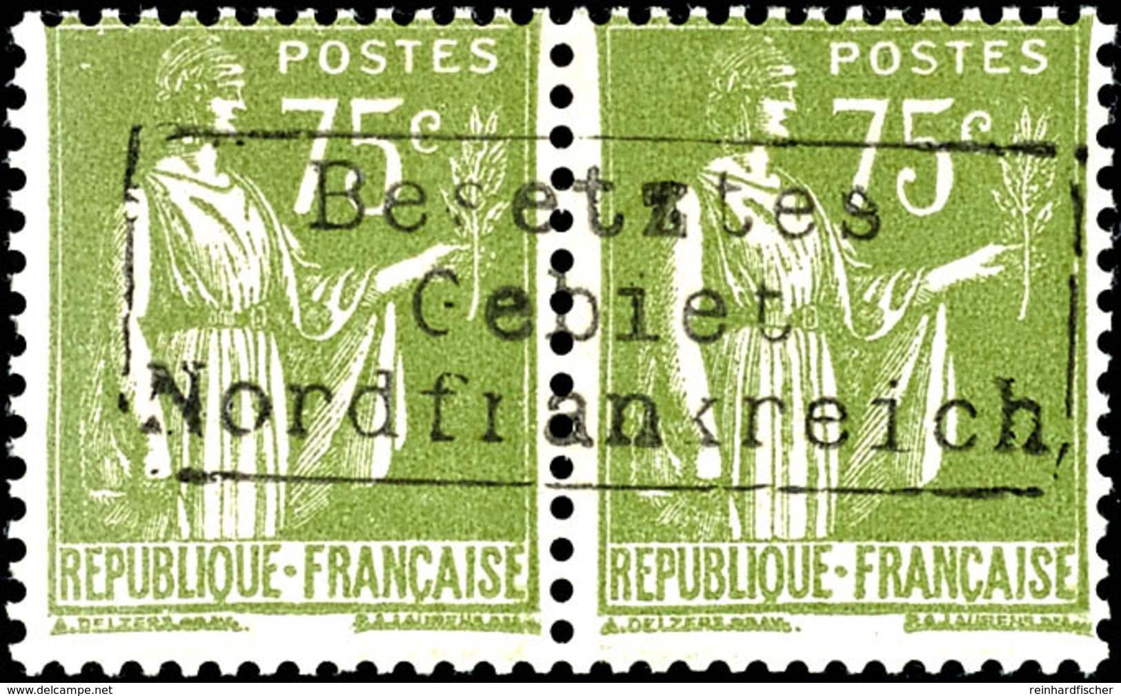 75 C. Freimarke Grünoliv, Waagerechtes Paar Mit Aufdruck In Type II, Rückseitig Wie üblich Teilabschlag Des Poststempels - Autres & Non Classés