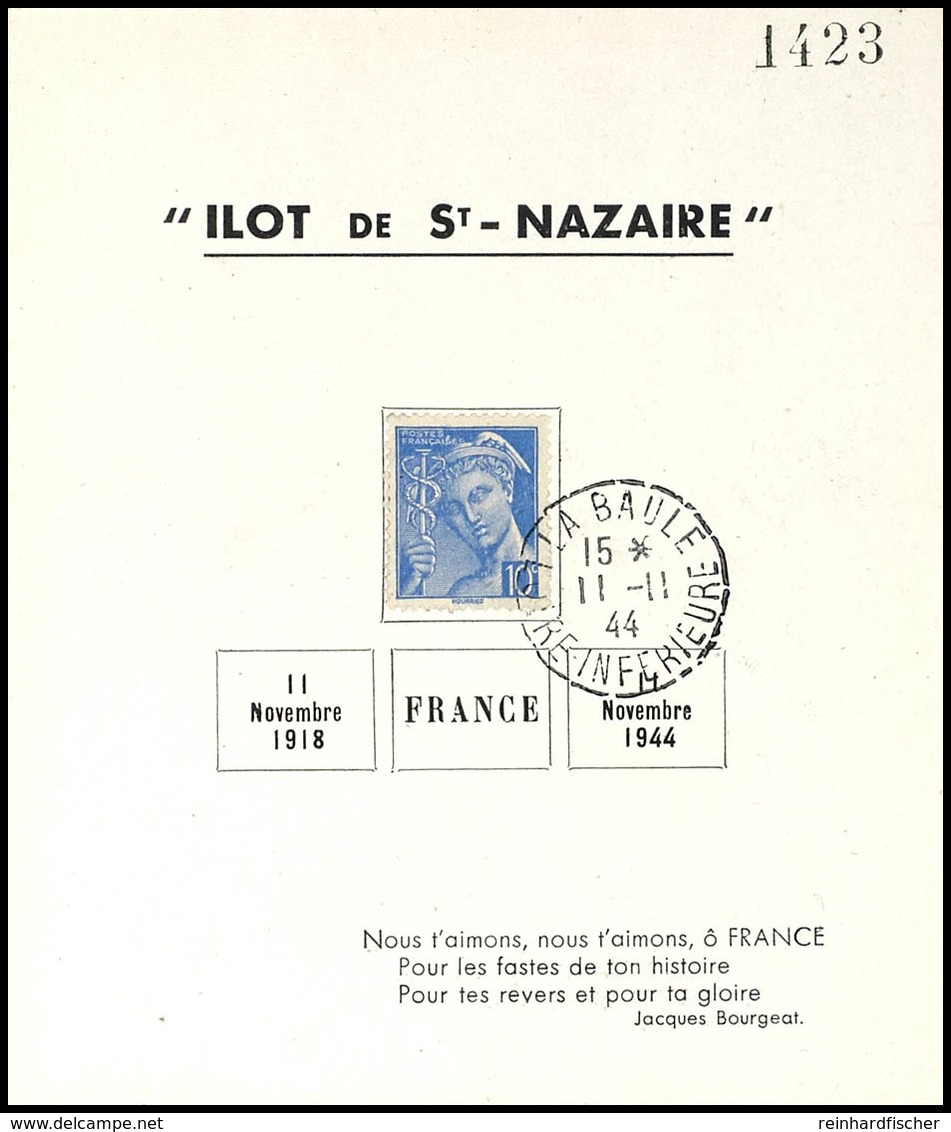 Gedenkblatt Nr. 1, 10 Ct. Marke Im Muster Merkur Mit Entwertung "LA BAULE LOIRE INFERIEURE 11.11.44", Tadellos, Fotoatte - Sonstige & Ohne Zuordnung