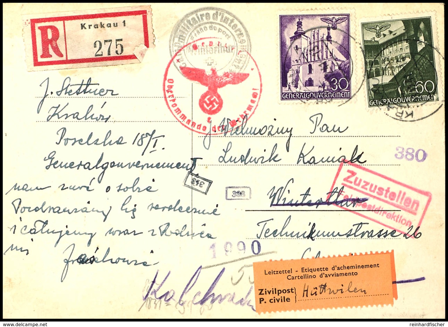 30 Und 60 Gr Bauwerke Auf R-Postkarte Von "KRAKAU 23.12.41" Nach Winterthur / Schweiz An Einen Polnischen Internierten,  - Sonstige & Ohne Zuordnung