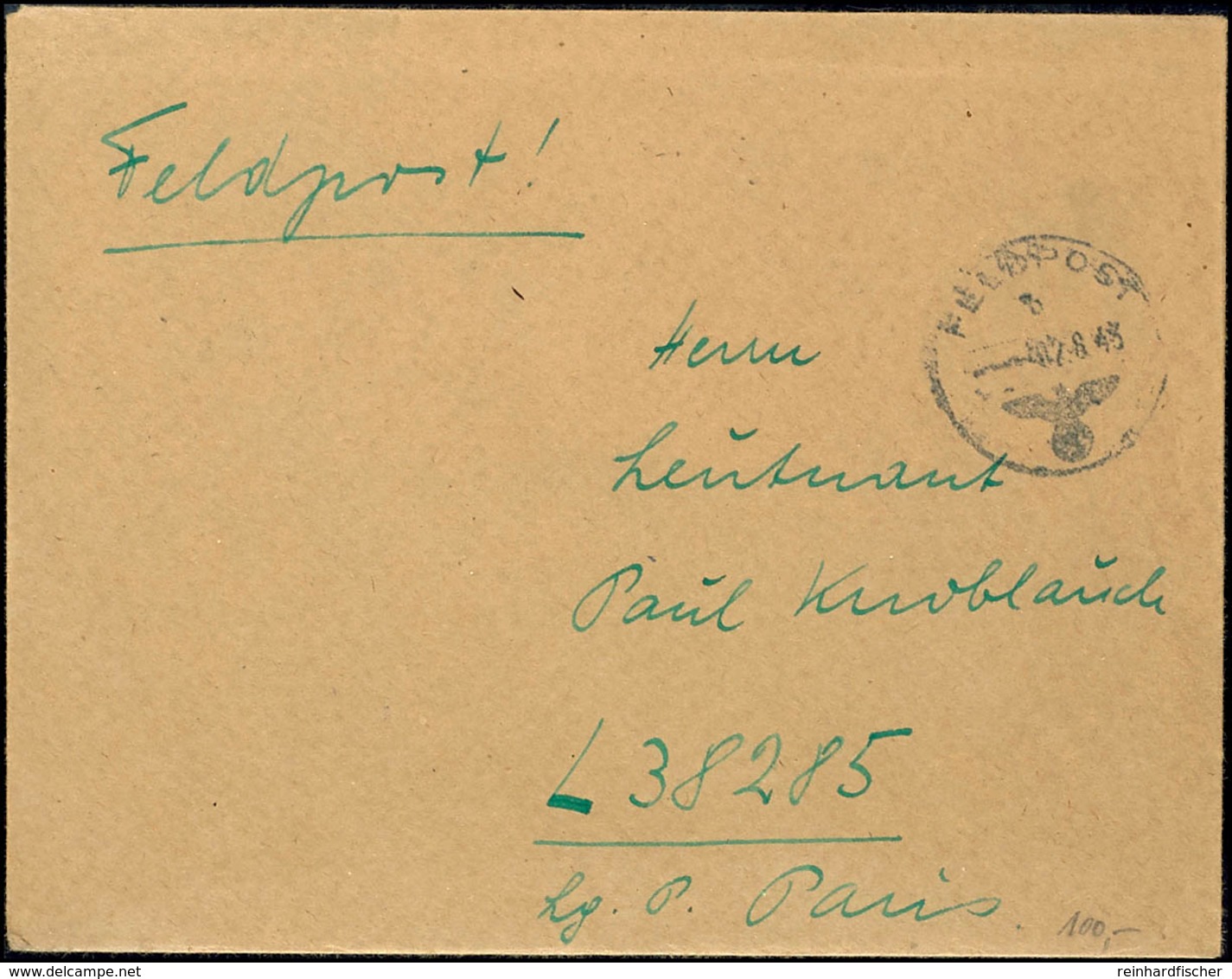 1943, Feldpostbrief Mit Normstempel "b 02.8.43" Von Guernsey Nach L38325 (Paris), Mit Komplettem Inhalt  BF - WW2