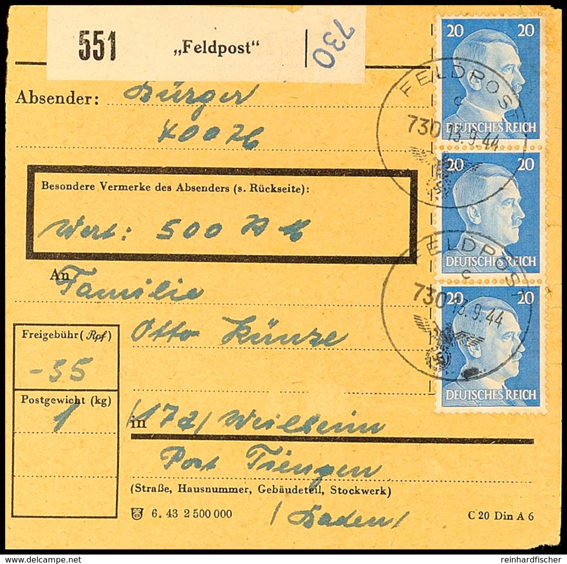 20 Pfg. Hitler Im Senkrechten 3er-Streifen Mit Feldpost-Normstempel "c 730 13.9.44" Auf Feldpost-Wert-Paketkarte Mit Abs - Sonstige & Ohne Zuordnung