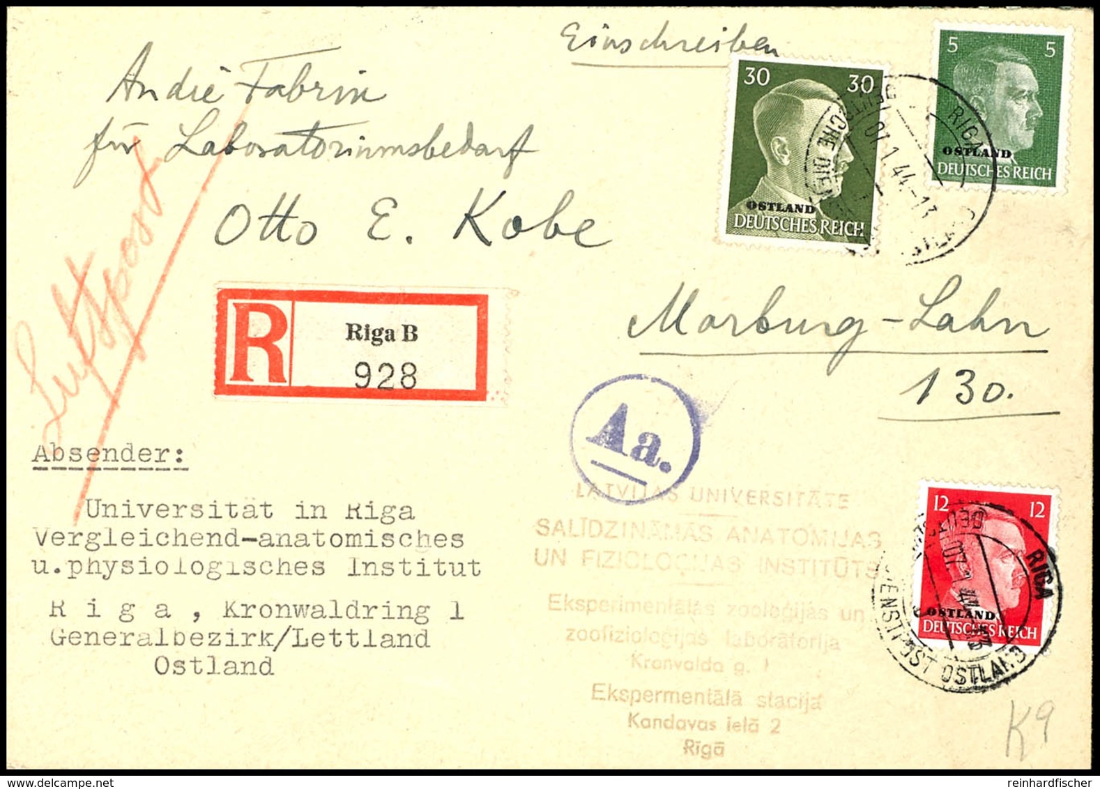 5, 12 U. 30 Pf Hitler "Ostland", Zusammen Als Portorichtige Frankatur Auf Luftpost-R-Brief Von "RIGA 7.1.44" über Auslan - Sonstige & Ohne Zuordnung