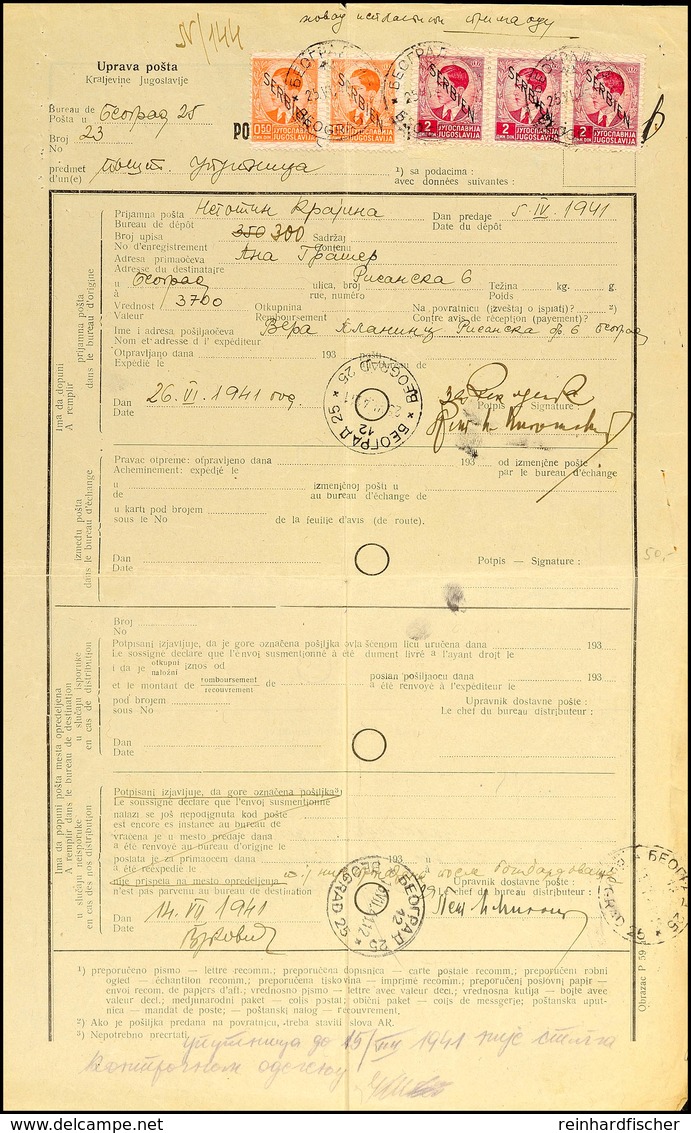 Mischfrankatur Aus 0,50 Din.(2) Mit 2 Din.(Dreierstreifen) Auf Gebührengerechter Reklamation Mit Entwertungs- Und Ausfer - 2° Guerra Mondiale