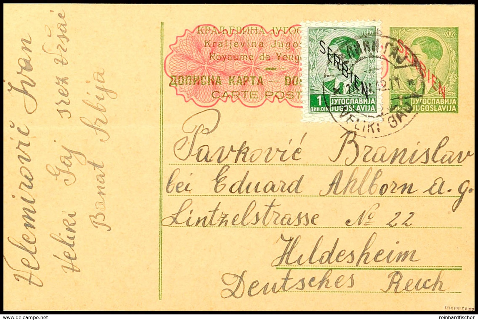 1 Din. Ganzsachenkarte Mit Zusatzfrankatur 1 Din. Mit DKr. "VELIKI GAJ 10.III.42" Nach Hildesheim, Karte Waagr. Bugspur, - Sonstige & Ohne Zuordnung