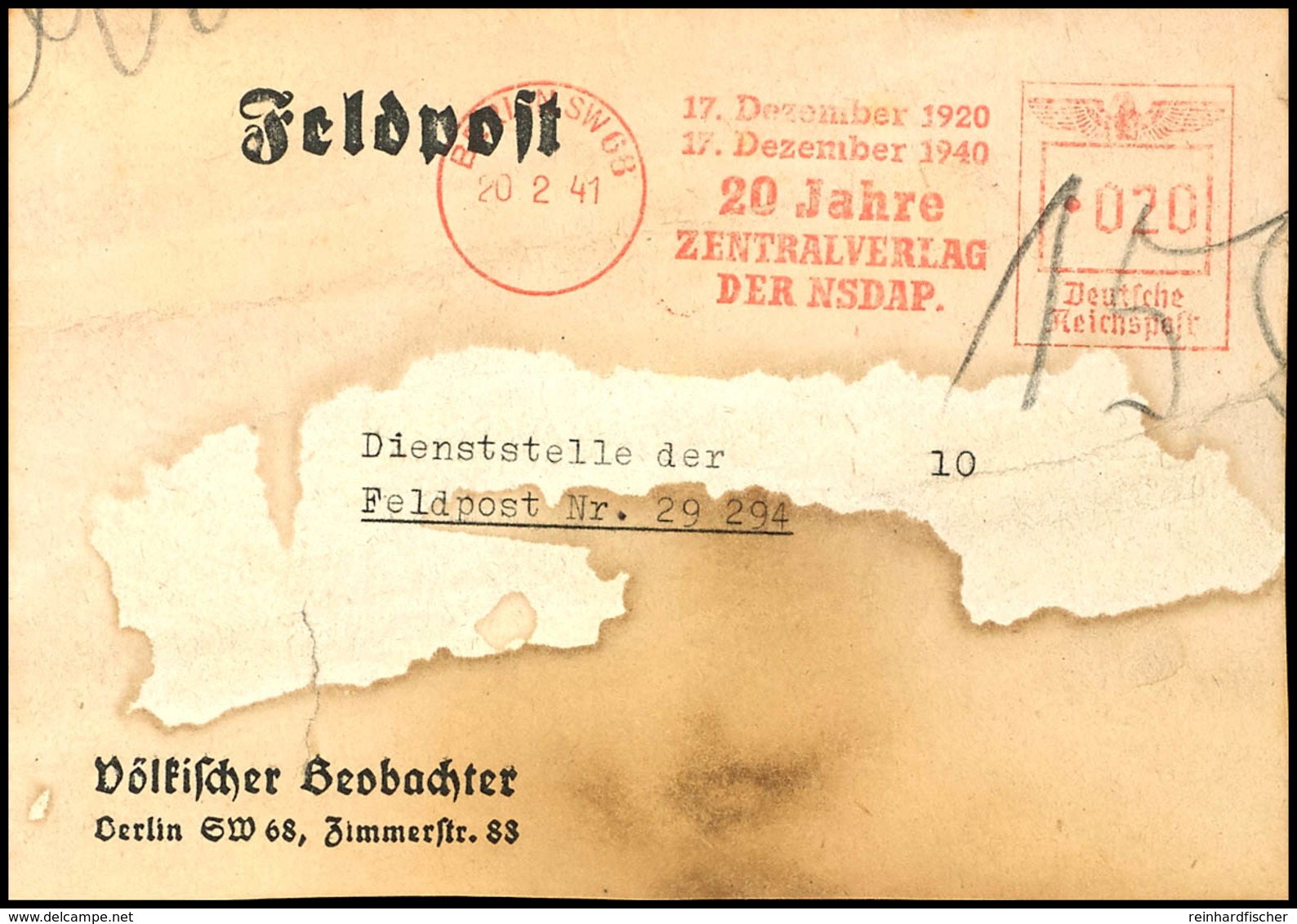 1941, Feldpost-Zeitungspaket-Adresse Für 10 Exemplare Des "Völkischer Beobachter" Mit 20 Rpf-Freistempler "BERLIN SW 68  - Sonstige & Ohne Zuordnung