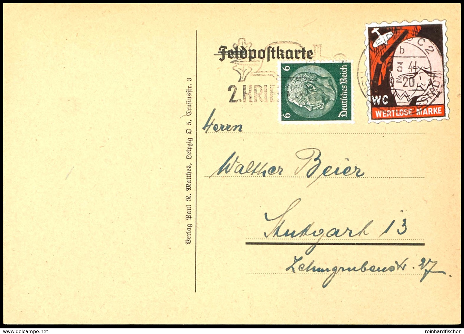 Churchill-Spottmarke Auf Postkarte 6 Pf. Hindenburg Von Leipzig 4.3.41 Nach Stuttgart  BF - Other & Unclassified