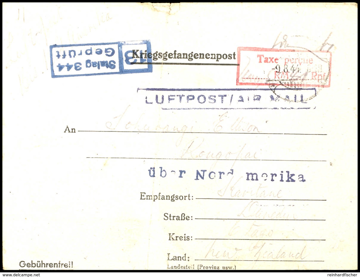 1944, Luftpost-KGF-Faltbrief Aus Dem Lager Lamsdorf Mit Aptiertem Poststempel Vom 9.8. Und Rotem Ra2 "Taxe Percue.....RM - Sonstige & Ohne Zuordnung