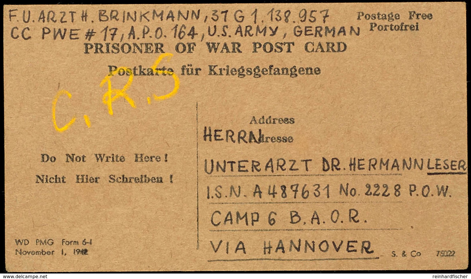 1946, 3. April, Karte Aus Dem A.P.O. 164 Nach Camp 6 B.A.O.R. "via Hannover", Aus Der Korrespondenz Zweier Inhaftierter  - Sonstige & Ohne Zuordnung