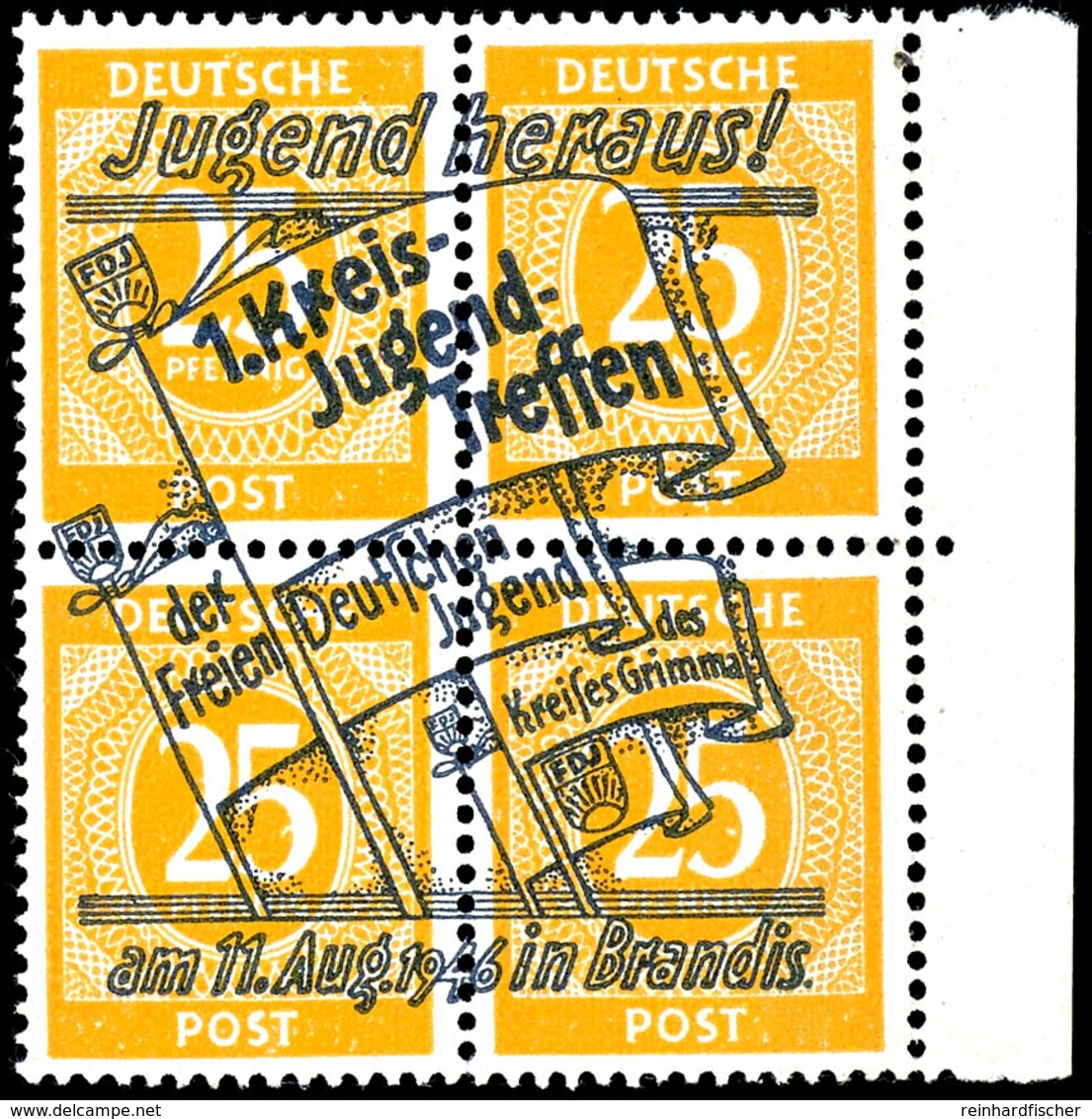 5 - 25 Pfg Kontrollrat In 4er-Blocks Mit Überdruck "1. Kreisjugendtreffen", Jeweils Mit Unter- Bzw. Seitenrand, Tadellos - Brandis