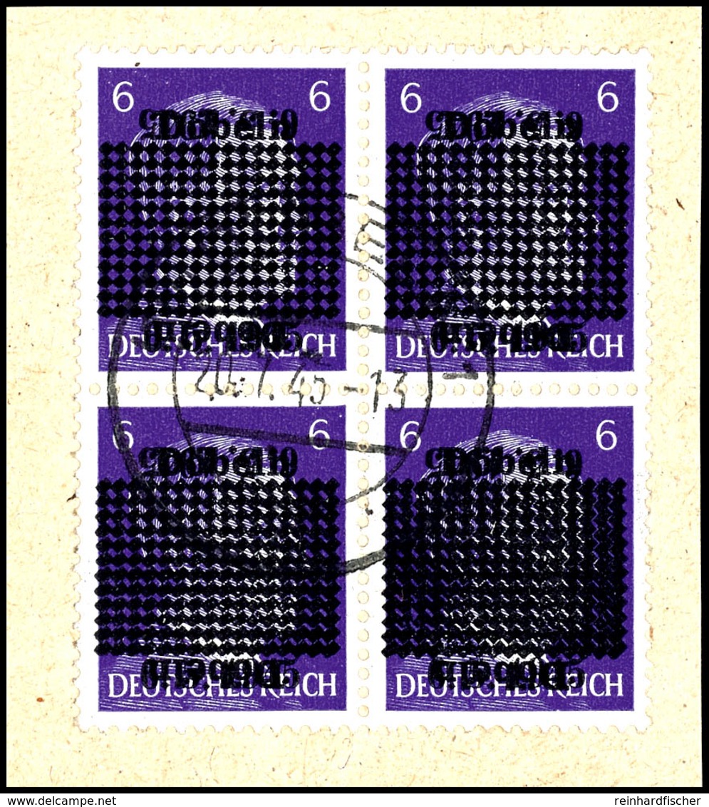6 Pfg Hitler Lebhaftblauviolett Mit Doppeltem Aufdruck, Davon Einer Kopfstehend, 4er-Block Auf Briefstück, Zentrisch Ges - Döbeln