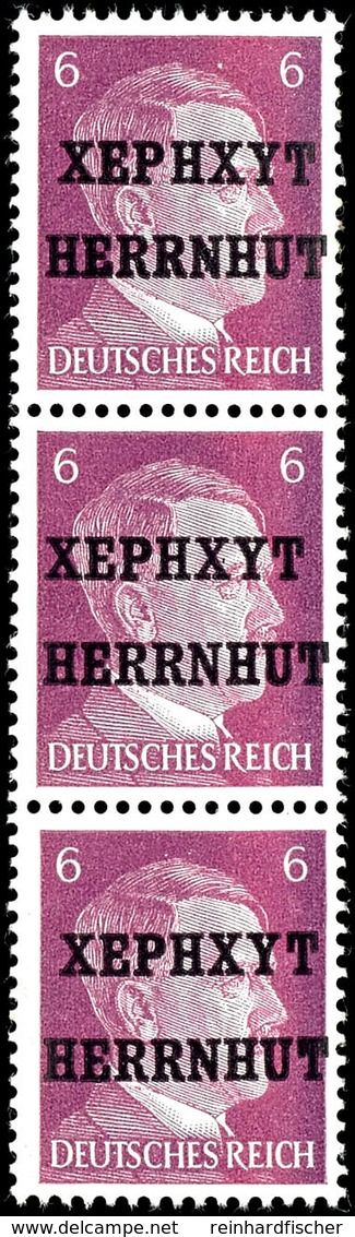 6 Pf. A. Hitler Im Senkr. 3er-Streifen, Dabei Alle 3 Aufdruckvarianten, Tadellos Postfr., Gepr. Zierer BPP, Mi. 300.-, K - Herrnhut