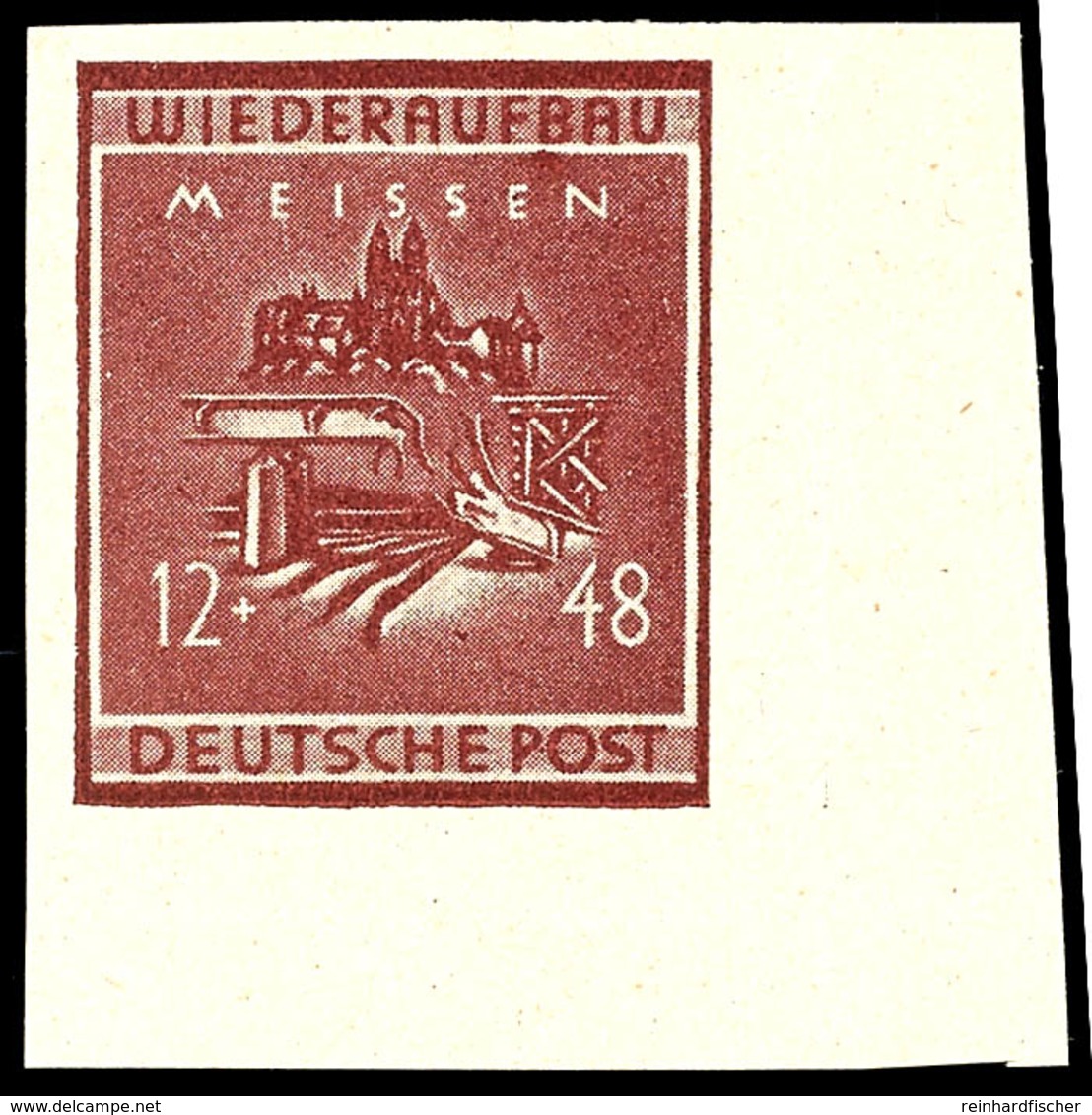 12 Pf. Wiederaufbau, Geschnitten Aus Der Linken Unteren Bogenecke, Postfrisch, Sign. Leonhard, Mi. 150,-, Katalog: 38aB  - Meissen