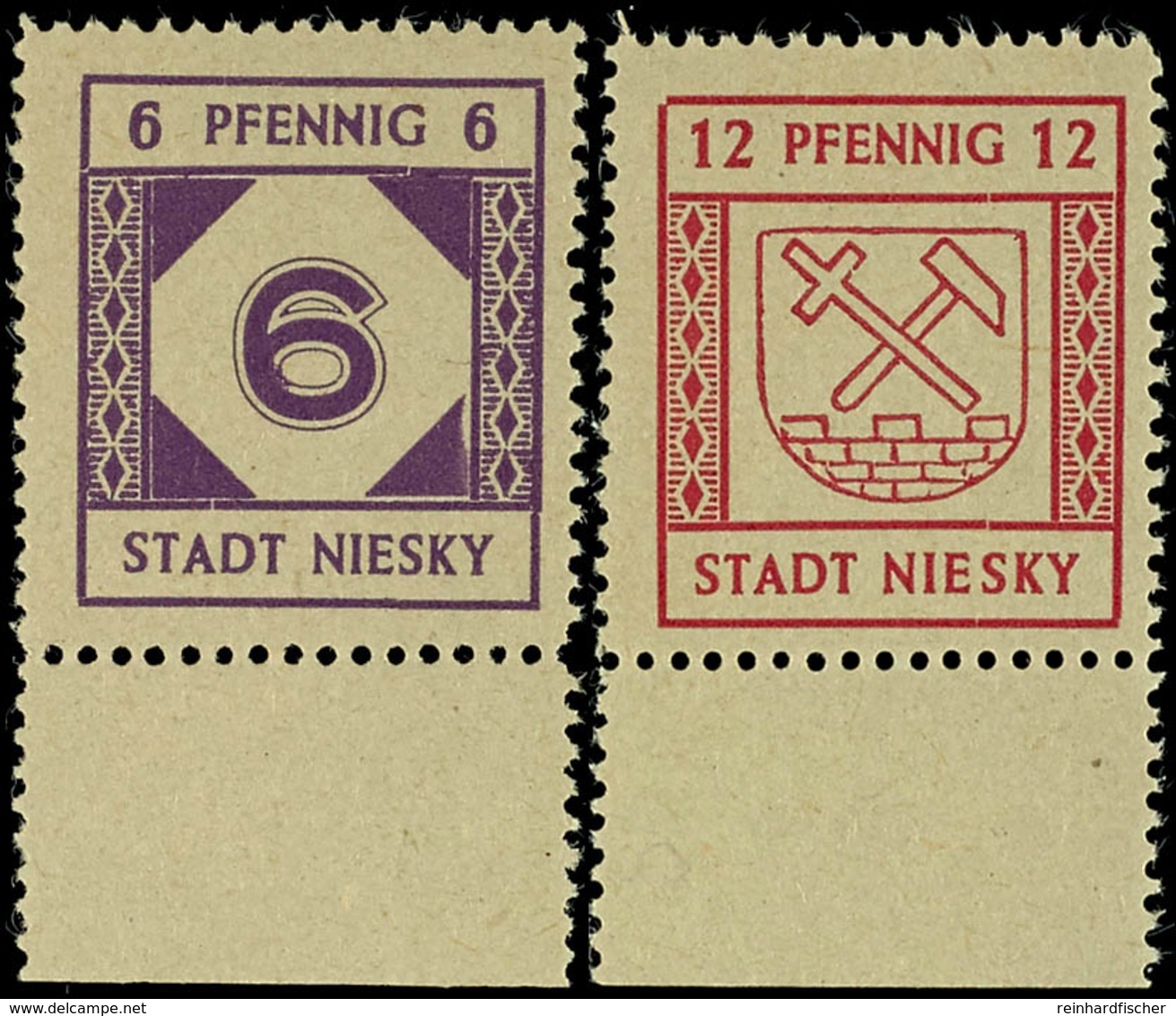 6 Pf. Und 12 Pf. Hellgelbgraues Papier, Je Vom Unterrand, Postfrisch, Gepr. Kunz BPP, Mi. 350.-, Katalog: 1/2 ** - Niesky