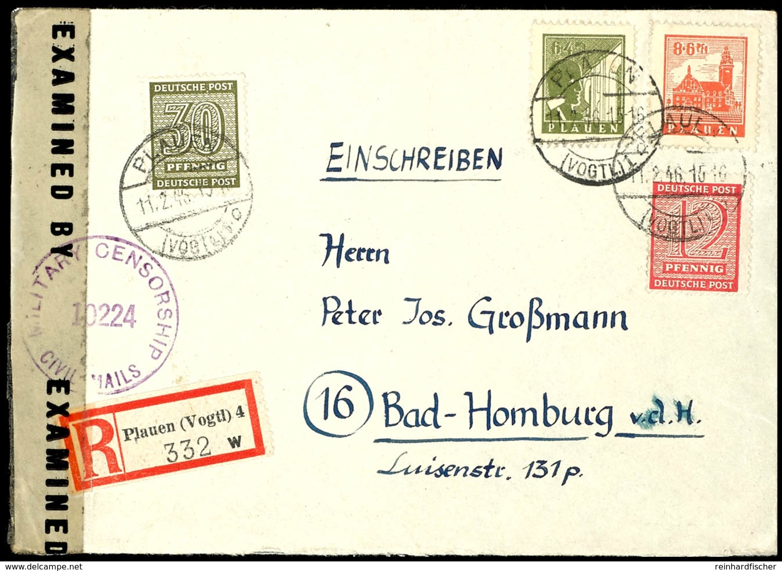 6 U. 8 Pf Wiederaufbau Zusammen Mit West-Sachsen 12 U. 30 Pf Auf R-Brief Von "PLAUEN (VOGTL.) 1 O 11.2.46" Nach Bad Homb - Plauen