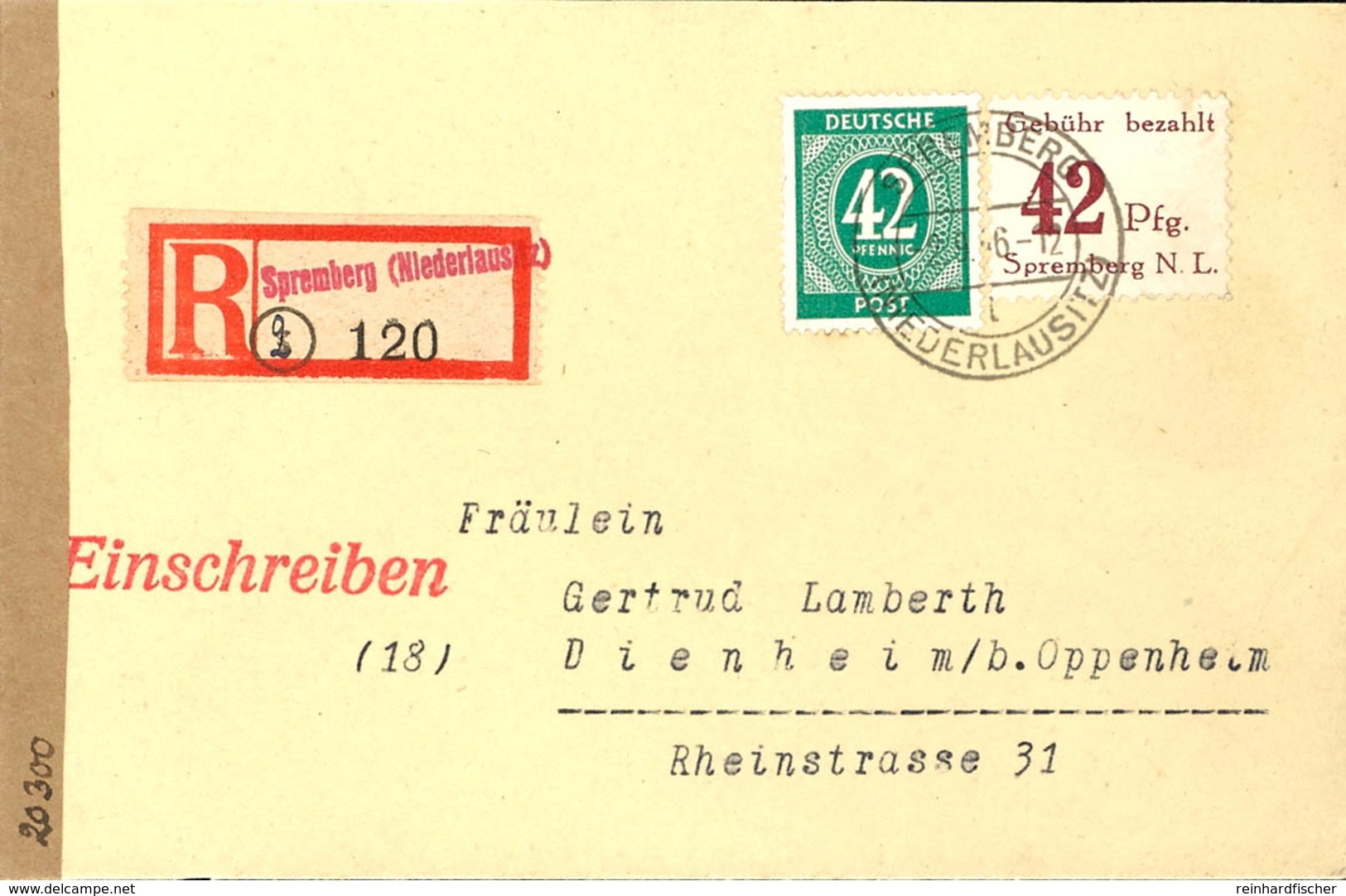 42 Pfg Freimarke Gezähnt Zusammen Mit 42 Pfg Kontrollrat Auf Portogerechtem R-Brief Von "SPREMBERG 2.9.46" Nach Dienheim - Spremberg