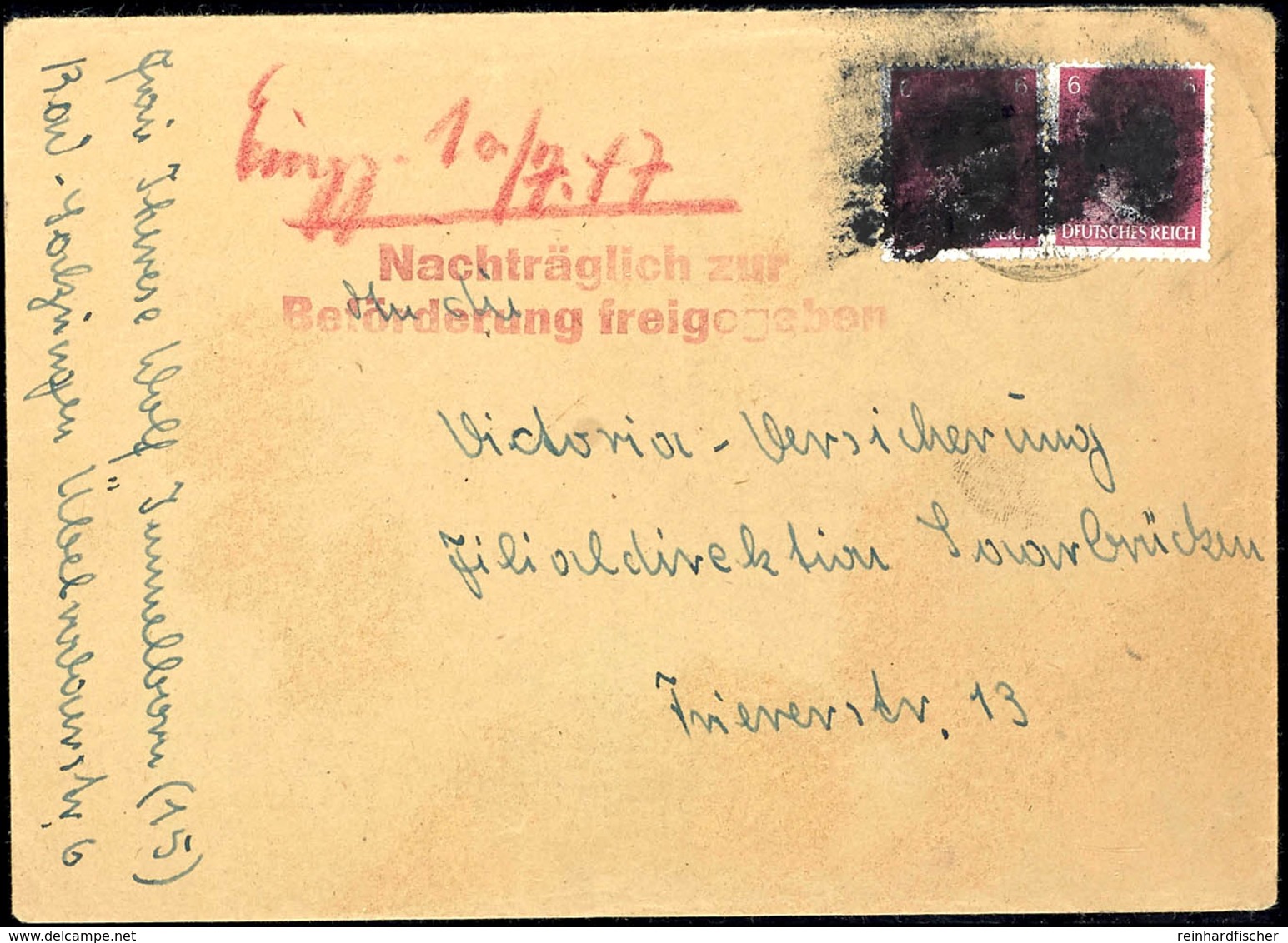 6 Pfg Hitler, Waagerechtes Paar, Geschwärzt Auf Brief Von "BAD SALZUNGEN" Nach Saarbrücken Mit L2 "Nachträglich Zur Befö - Sonstige & Ohne Zuordnung