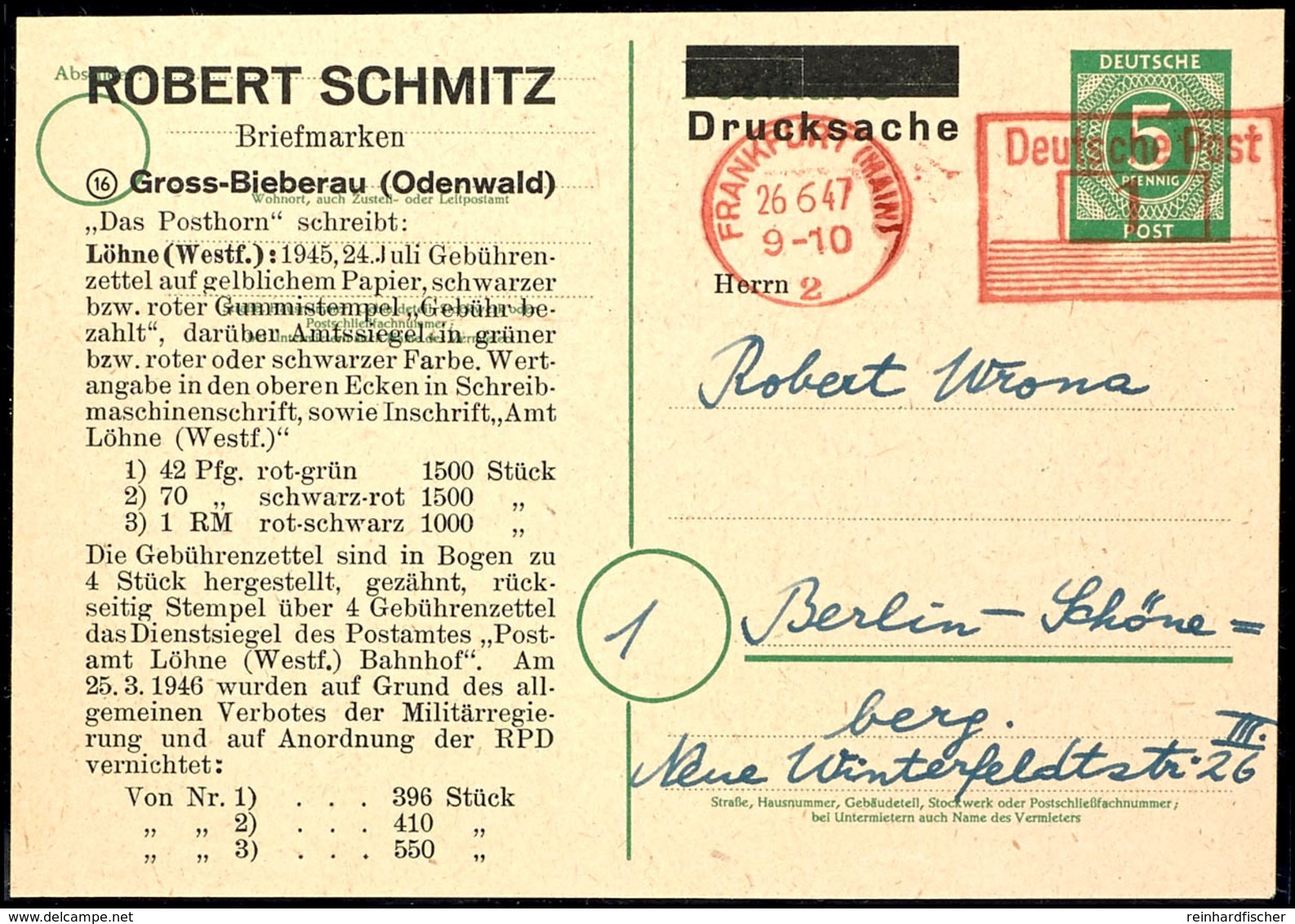 Ganzsachenkarte 5 Pfg Kontrollrat Mit Zusätzlichem Freistempler 1 Pfg "FRANKFURT / MAIN 26.6.47" Aufgewertet Als Portoge - Sonstige & Ohne Zuordnung