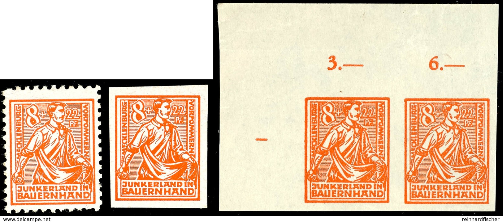 8+22 Pf. Orange, Probedrucke 24P I (ungebraucht), 24 P IU (**) Und 24 P IIU Als Waager. Linkes Oberes Eckrandpaar (o.G.  - Sonstige & Ohne Zuordnung