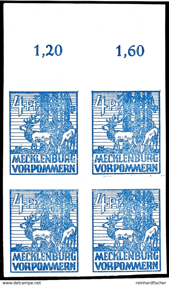 4 Pfg. Dunkelultramarin, Postfrischer 4er - Block Vom Bogenoberrand, Signiert Thom BPP, Mi. 180.-, Katalog: 30x ** - Sonstige & Ohne Zuordnung