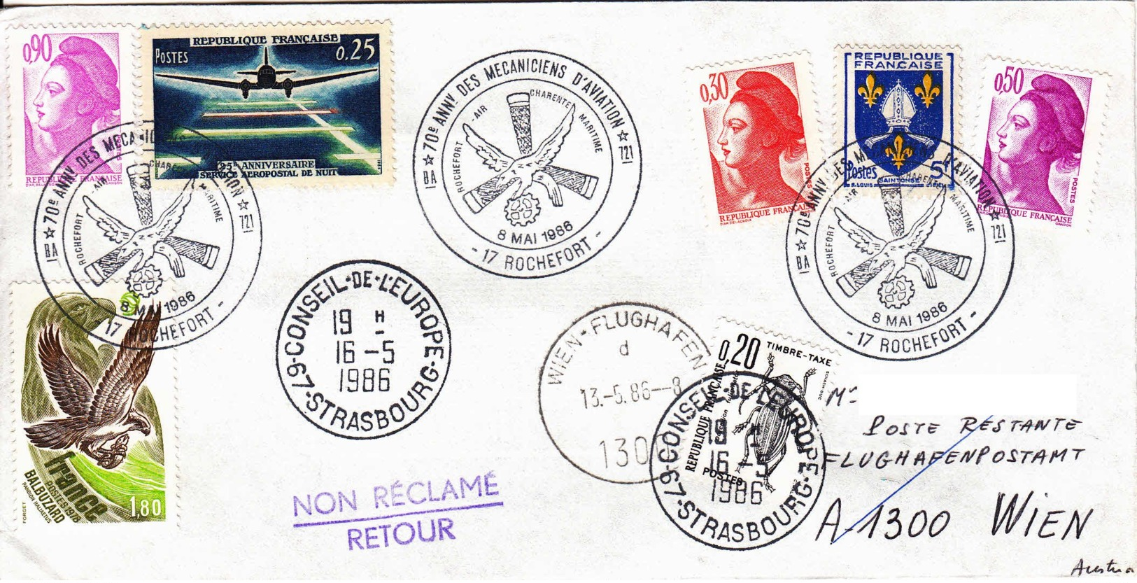 FRANCE - 1986 - Conseil De L'Europe - Lettre De Rochefort Pour Vienne Puis Strasbourg En Poste Rest. - Aviation - Lettres & Documents