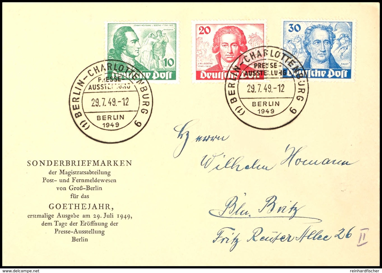 10 - 30 Pfg. Goethe Auf Adressiertem Amtlichem FDC, Mi. 700.-, Katalog: 61/63 FDC BF - Sonstige & Ohne Zuordnung