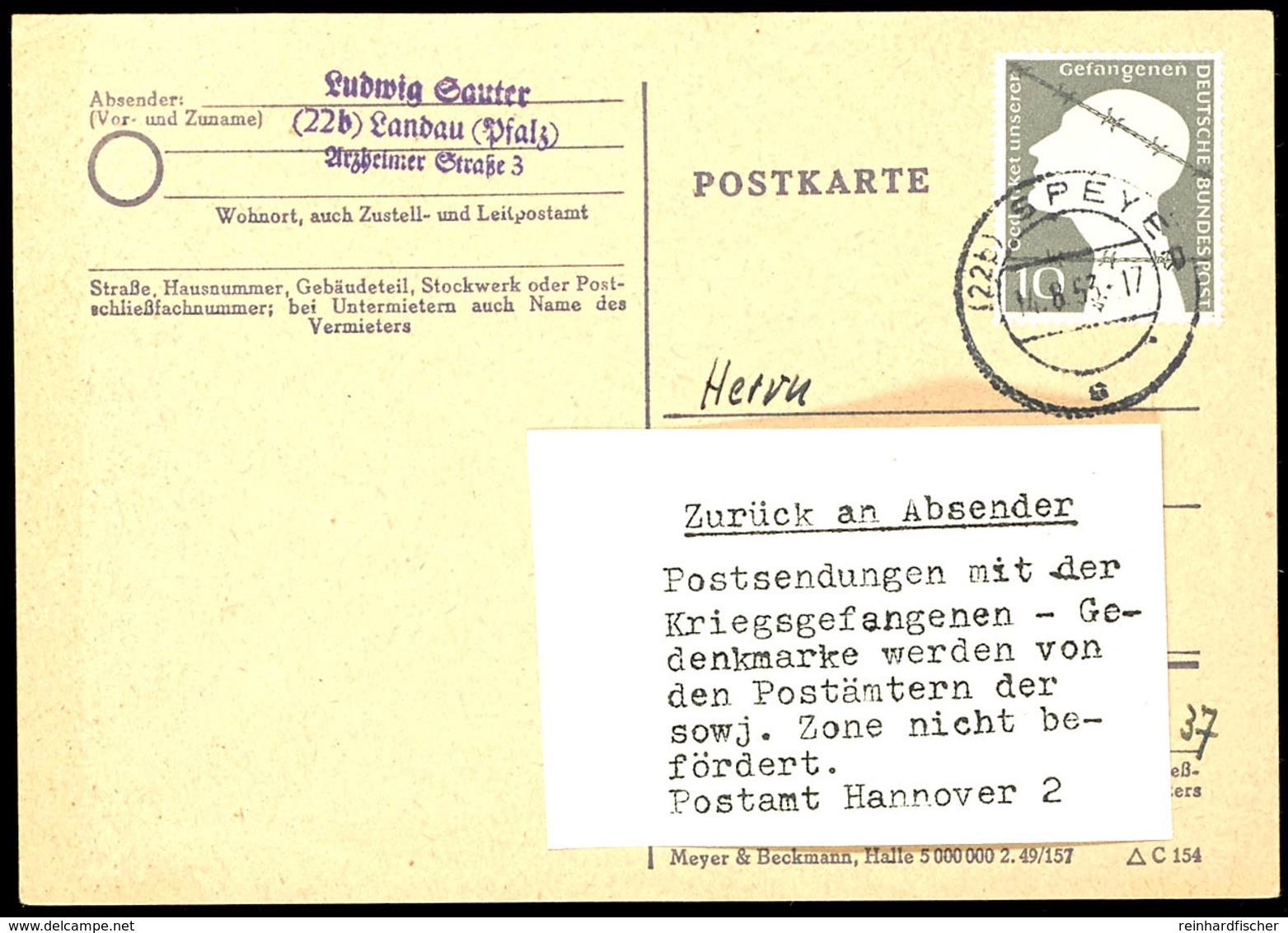 10 Pfg Kriegsgefangenenmarke Auf Portogerechter Postkarte Von "SPEYER 14.8.53" In Die DDR, Vom Postamt Hannover Angehalt - Sonstige & Ohne Zuordnung