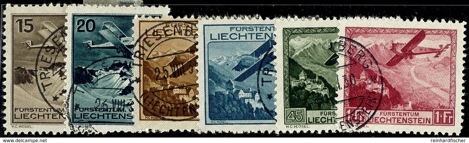 1930, Kpl. Flugpostsatz Mit Schwarzen Triesenberger Stempeln, Tadellos, Mi. 340,--, Katalog: 108/13 O - Liechtenstein