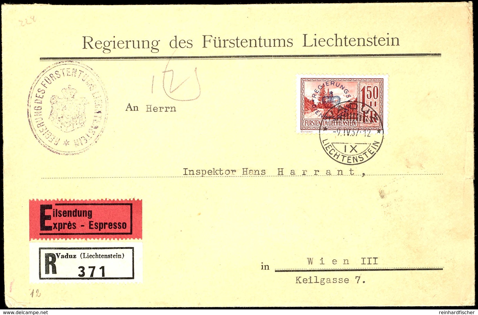 1934, 1,50 Fr. Schwärzlichbraunrot Mit Aufdruck Auf R-Eilboten-Brief Von KGS "VADUZ 9.IV.37" Nach Wien / Österreich Mit  - Sonstige & Ohne Zuordnung