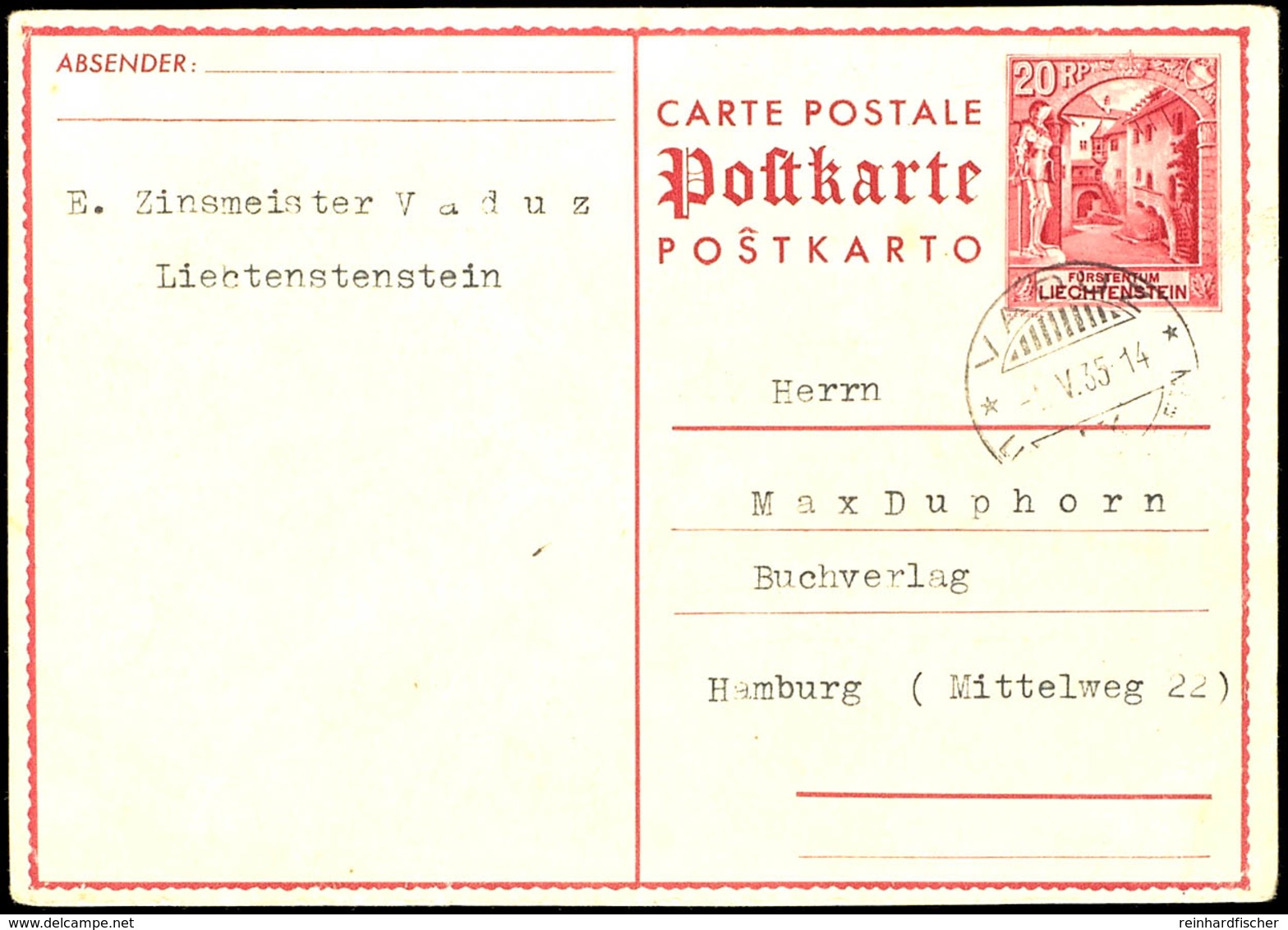 1931, 20 Rp. Ganzsachenkarte Schloss Vaduz Ohne Bild Von "VADUZ 1.V.35" Nach Hamburg / Deutschland, Etwas Bügig, Mi. 200 - Sonstige & Ohne Zuordnung