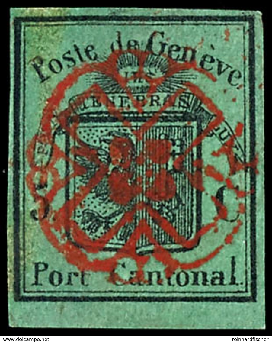 1848, 5 C. Schwarz Auf Grünlicholiv, "Großes Genfer Wappen", Entwerter Mit Roter Genfer Rosette, Optisch Ansprechendes E - 1843-1852 Kantonalmarken Und Bundesmarken