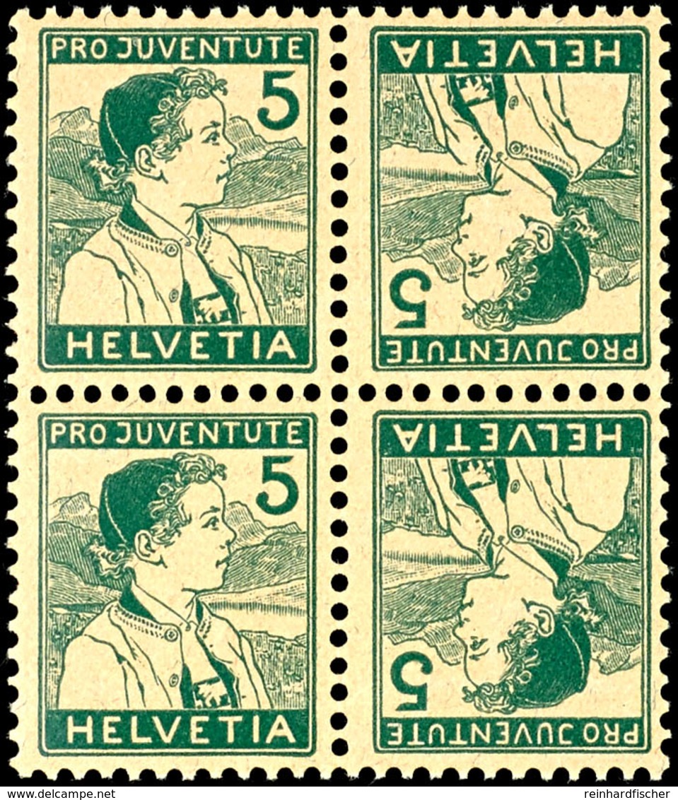1915, 5 C. Pro Juventute + 5C. Pro Juventute, 2 Postfrische Kehrdrucke Als 4-er Blocks, Mi. 300.-, Katalog: K9 ** - Zusammendrucke