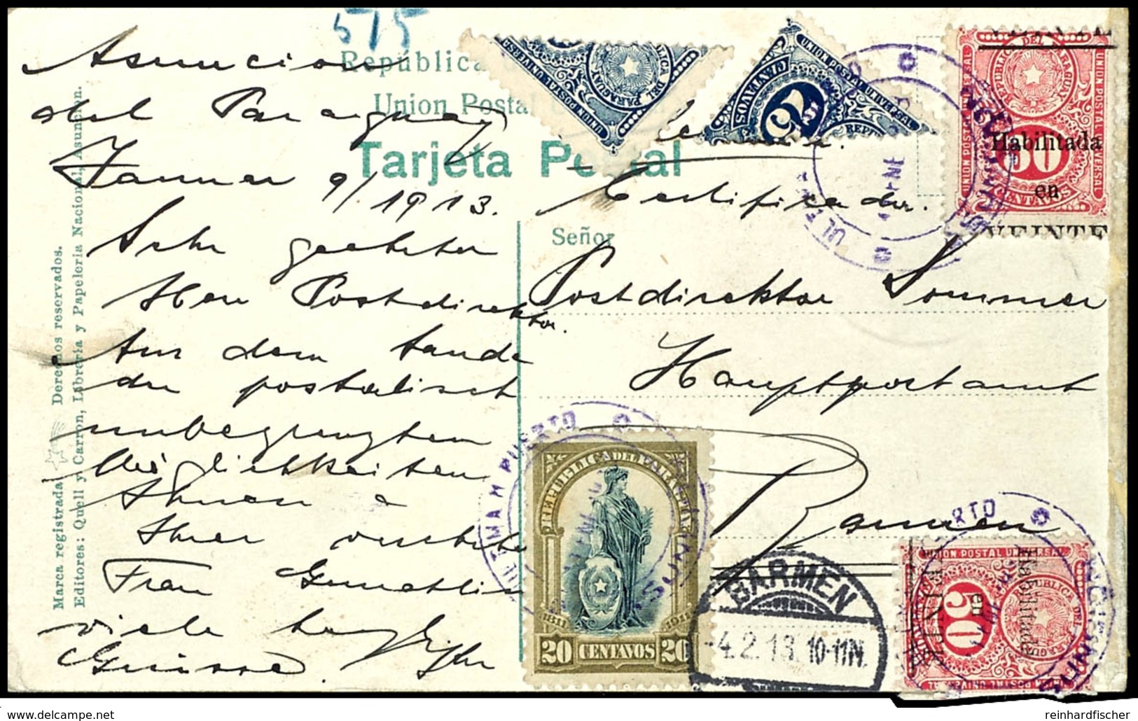 75 C. Diagonal Gezähnt Und In Zwei Hälften Geteilt, Zusammen Mit MiNr. 191, 192 U. 2x 195 I Auf Color-Ansichtskarte, Per - Paraguay