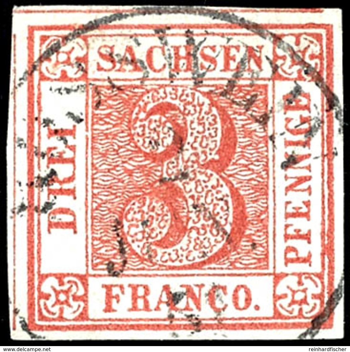 3 Pf. Mittelkarminrot, Sachsendreier, Platte II, Type 10, Farbfrisches Und überbreitrandiges Luxusstück, Zentrisch Klar  - Sonstige & Ohne Zuordnung