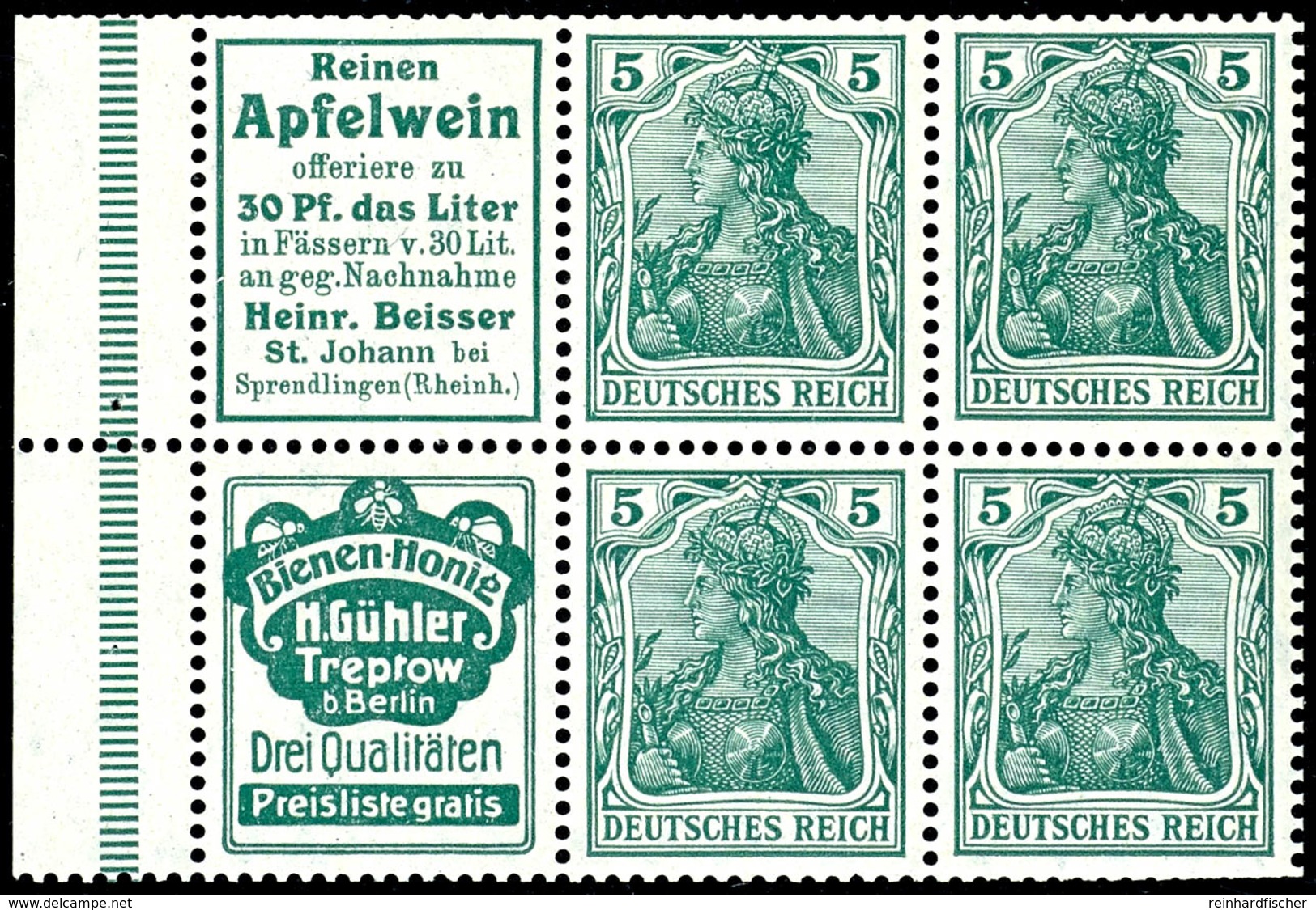 Germania 1911, Heftchenblatt Mit Reklame "Apfelwein" Und "Bienen Honig Gühler", Postfrisch, Zähnung Unten Rechts Etwas V - Sonstige & Ohne Zuordnung